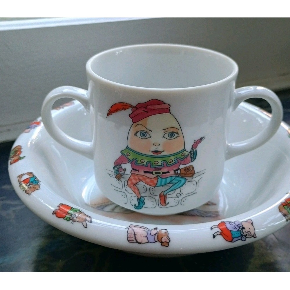Mother Goose 1986 Shafford 2 Piece Bowl Cup Nursery Rhymes Vintage Set